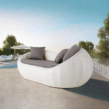 White Woven Rattan Round Outdoor Sofa with Cushion & Pillow and Curved Back